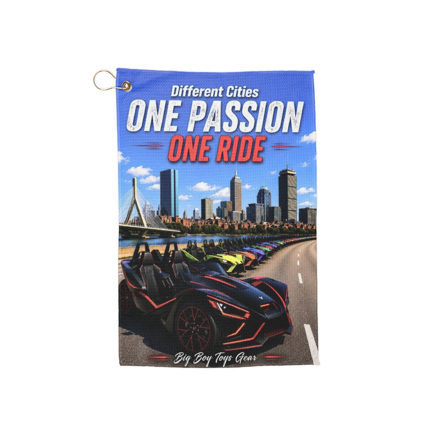 One Passion One Ride Golf Towel — Sports Car Cityscape Golf Towel with Grommet Ring